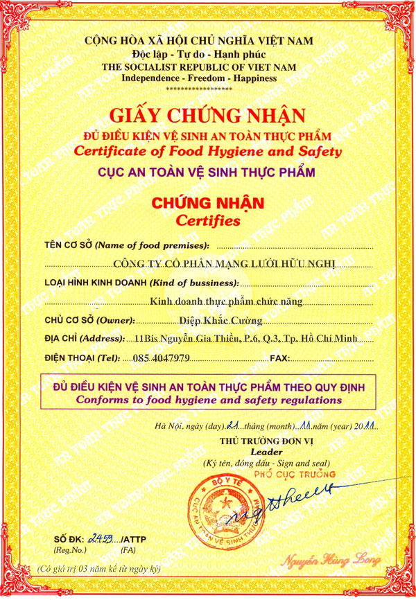 giay chung nhan ve sinh an toan thuc pham
